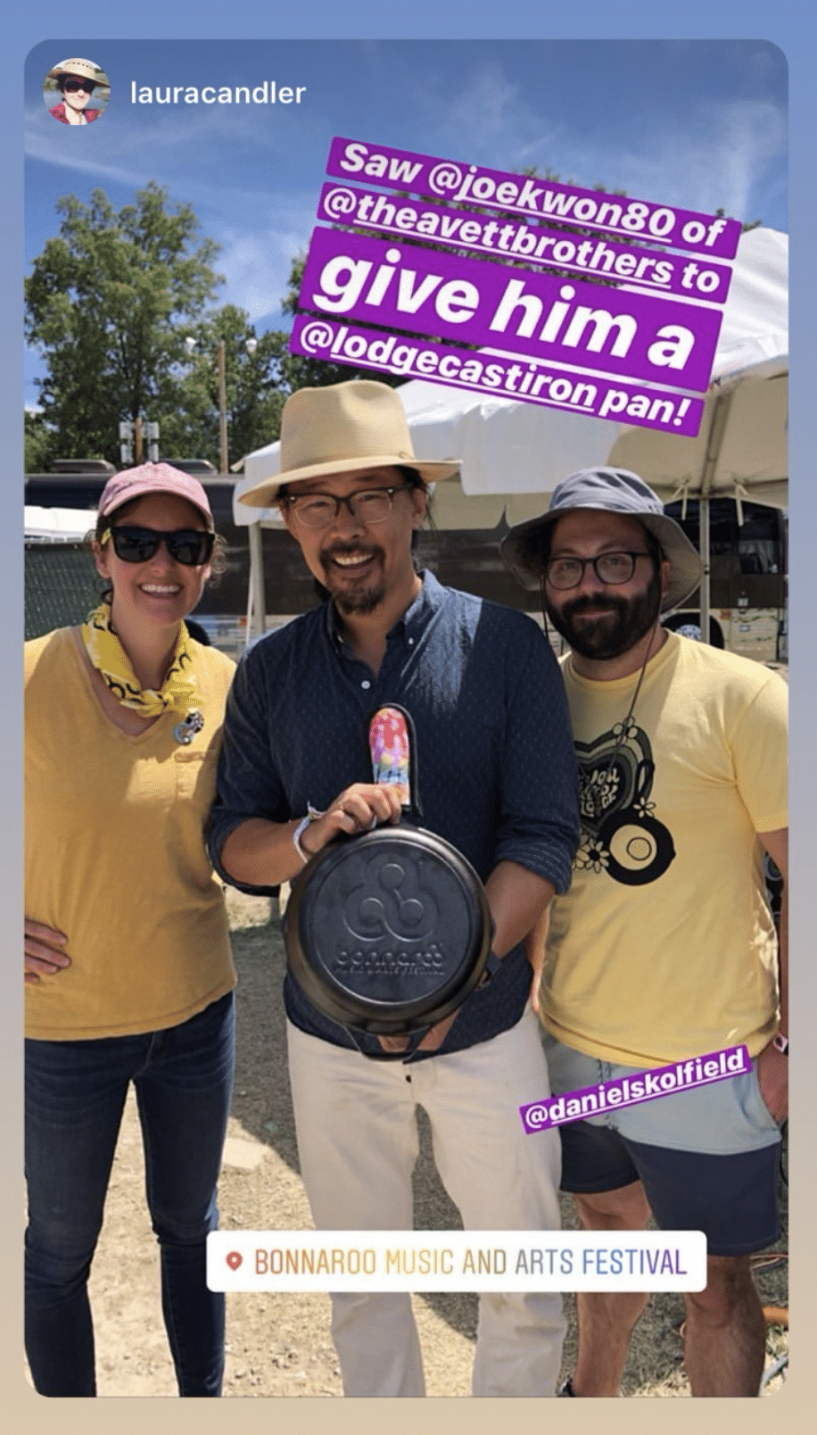 Screenshot of a post with Daniel Skolfield standing with Joe Kwon, a member of the Avett Brothers Band.