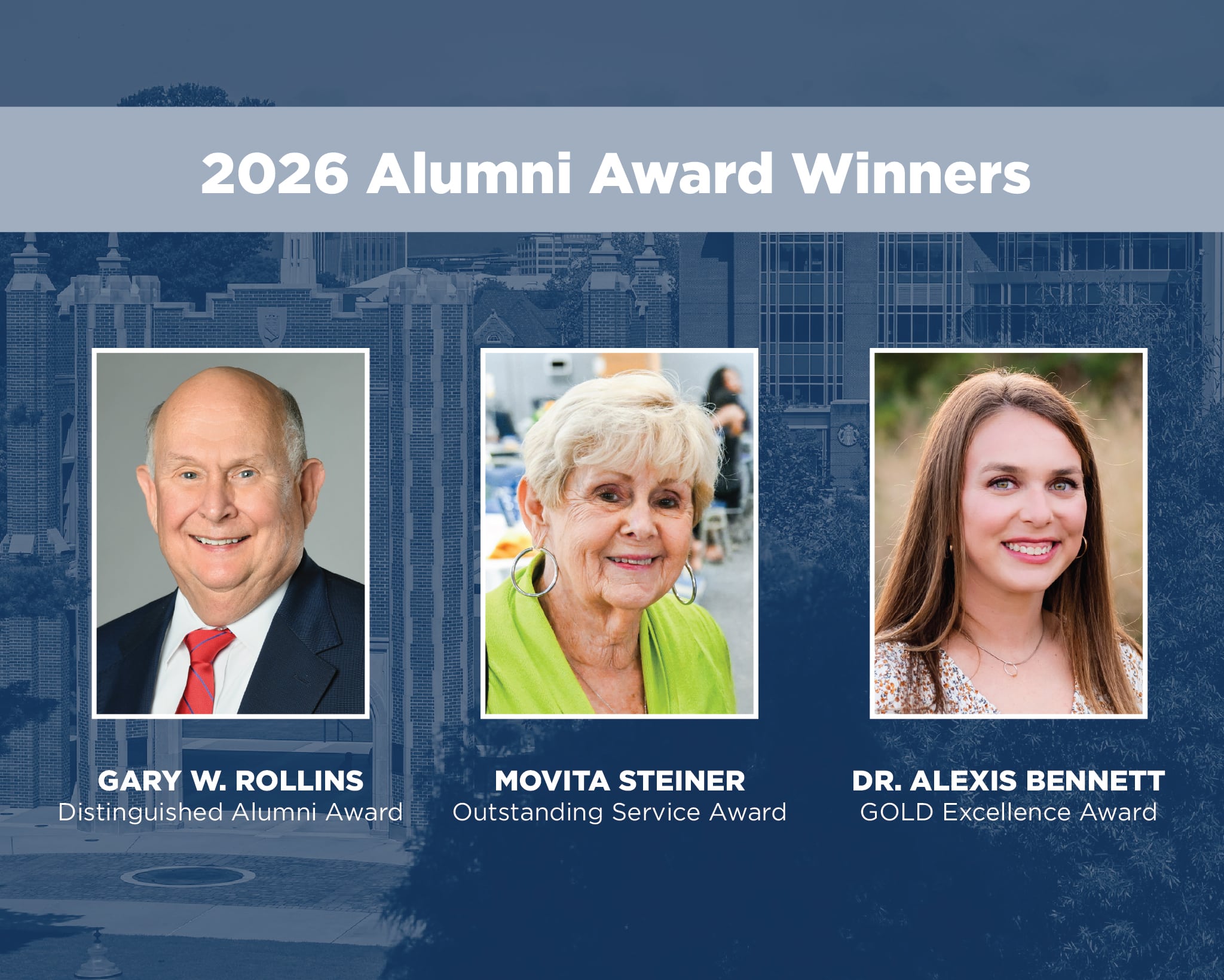 Graphic of Chamberlain field with headshots of the three alumni award recipients for 2026.