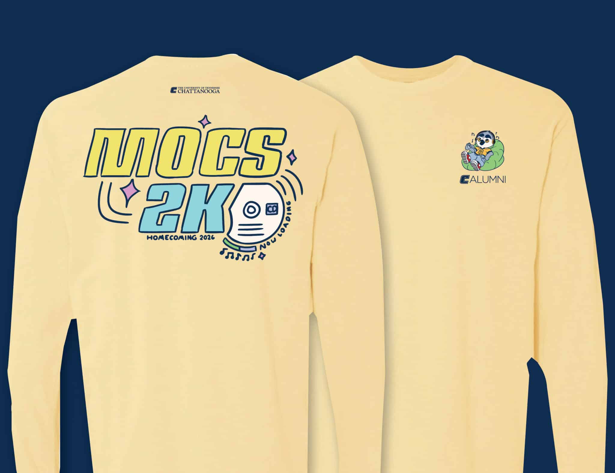 Image of the 2026 Homecoming Shirt featuring the Mocs2K logo on the back and and illustration of Scrappy on a beanbag with the alumni logo.